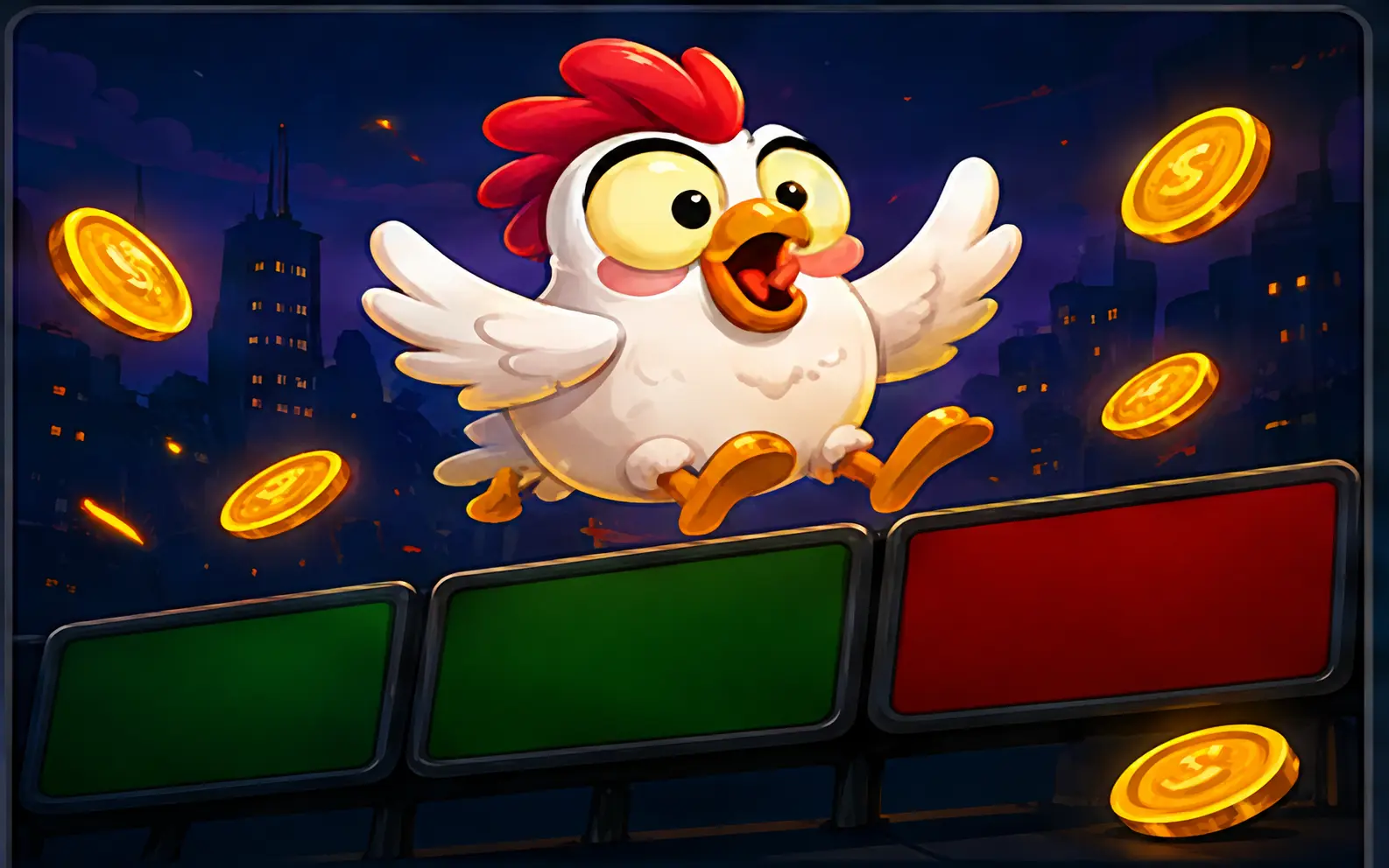 Illustration of a chicken pausing at the first tile of a road-tile casino game, introducing what the game is