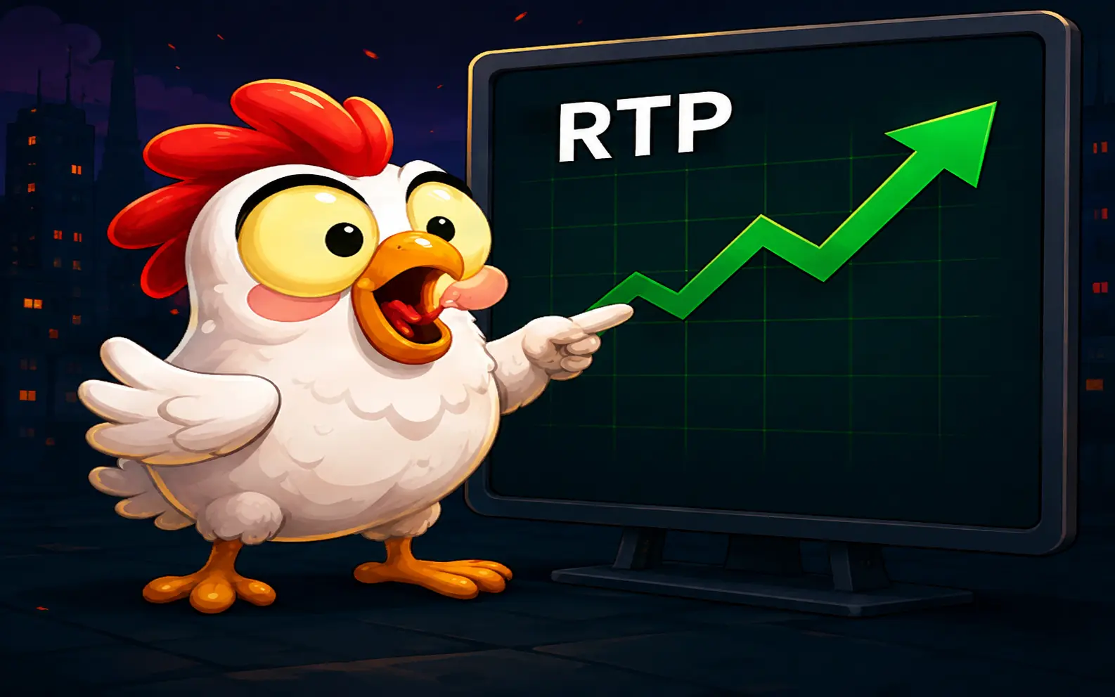 A chicken inside a 98-percent-filled ring diagram, representing the provider's stated RTP figure
